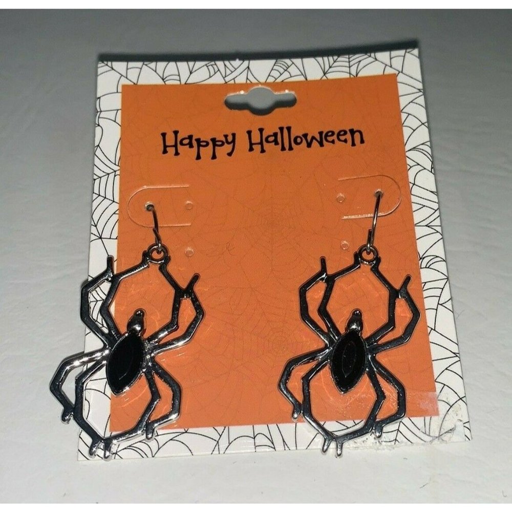 Halloween Silver Black Spider Gems Dangle Pierced Earrings New